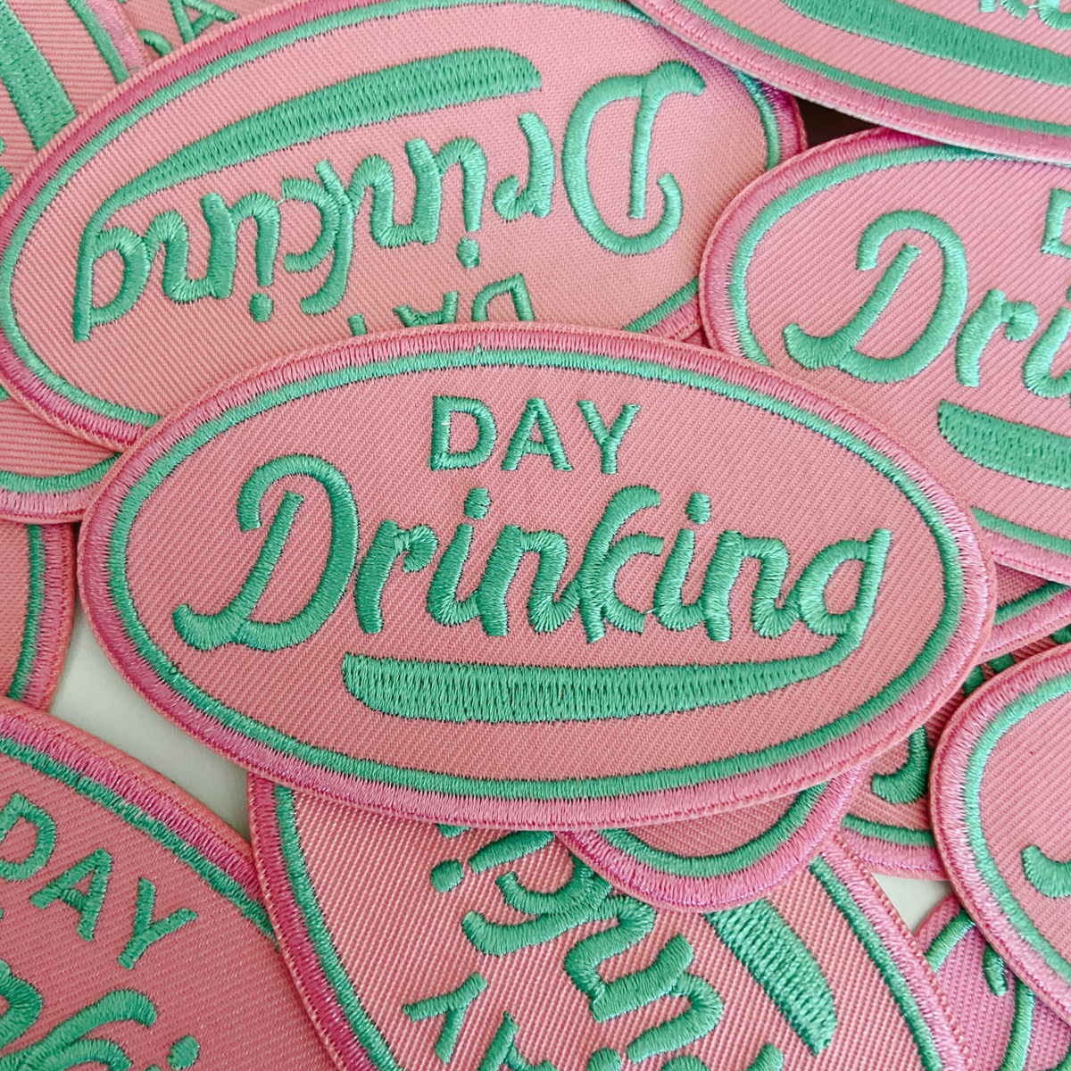 3" Day Drinking in Pink and Teal  -  Embroidered Hat Patch